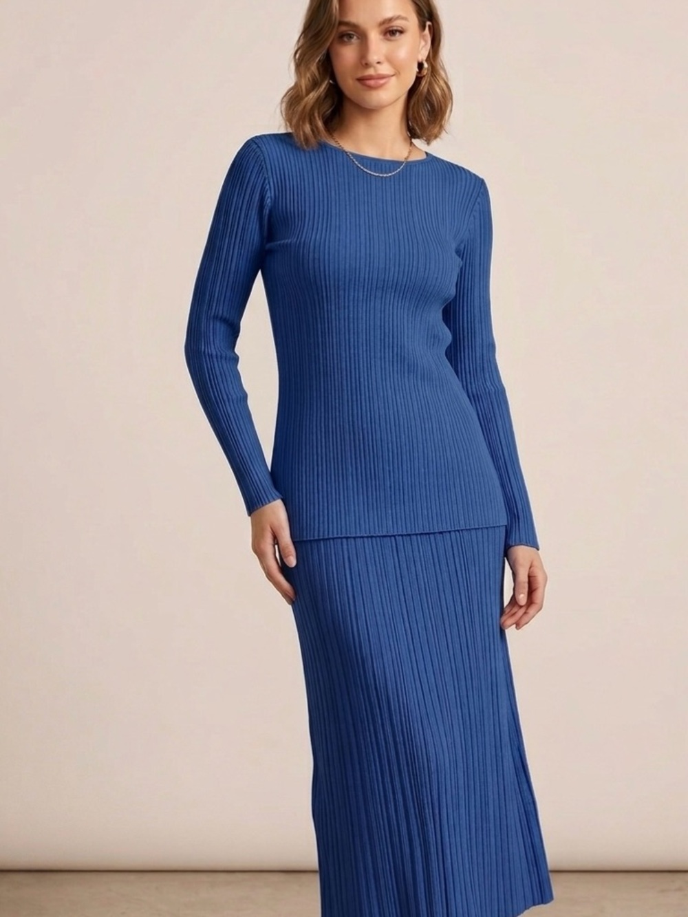 Fashion Brand NWT Ribbed Knit Midi Skirt & Long Sleeve Top Set - Cornflower Blue